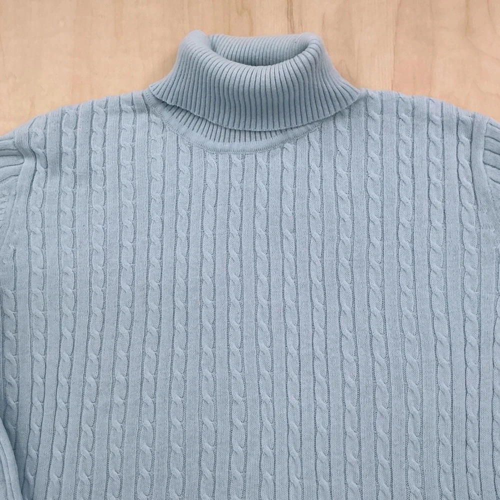 Evan-Picone Sweater Wms Petite M Blue Cable Knit Turtleneck Cotton Classic Soft